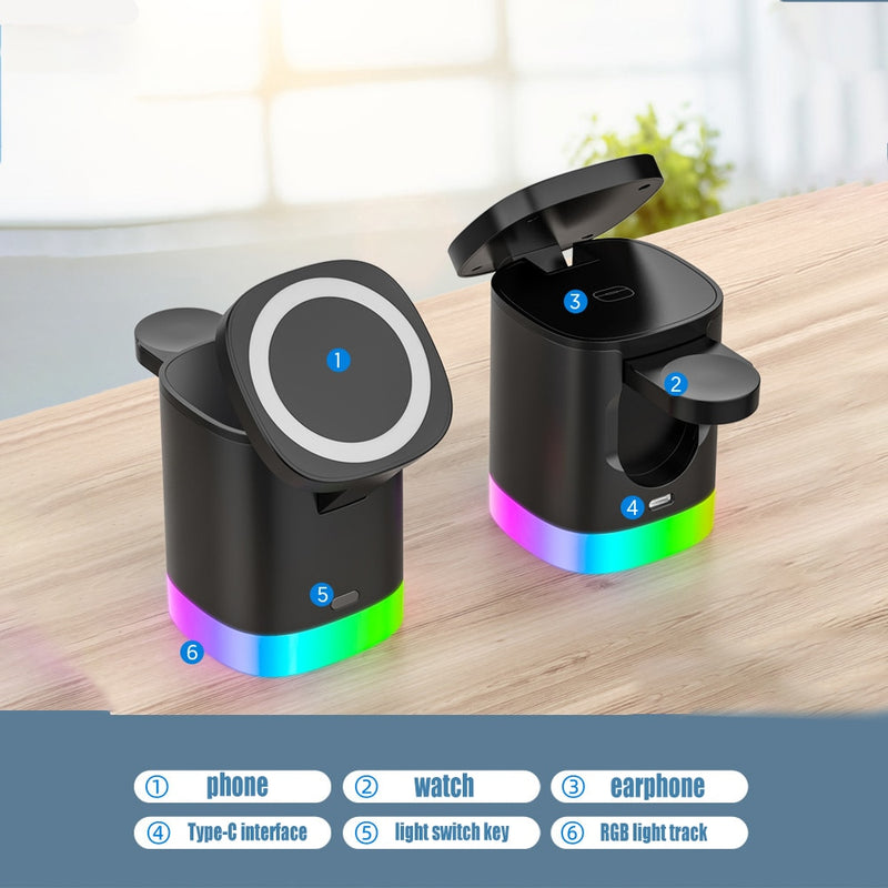 3 em 1 Macsafe Cube Charger Sradle Magnetic Wireless Stand Estação de carregamento rápido para iPhone 14 13 12 Pro Max AirPods Apple Watch