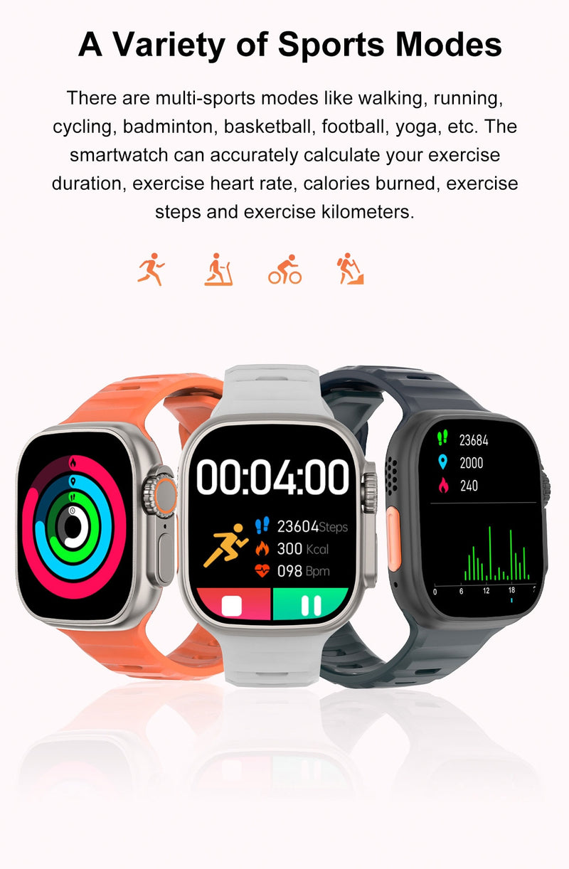 Mais novo relógio inteligente Ultra Series 8 NFC Smartwatch masculino, feminino, chamadas Bluetooth, carregamento sem fio, pulseira fitness, tela HD de 2 polegadas