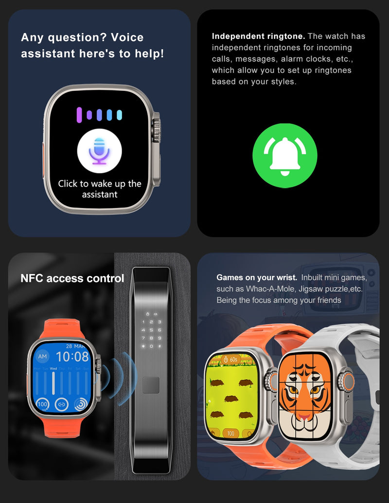 Mais novo relógio inteligente Ultra Series 8 NFC Smartwatch masculino, feminino, chamadas Bluetooth, carregamento sem fio, pulseira fitness, tela HD de 2 polegadas