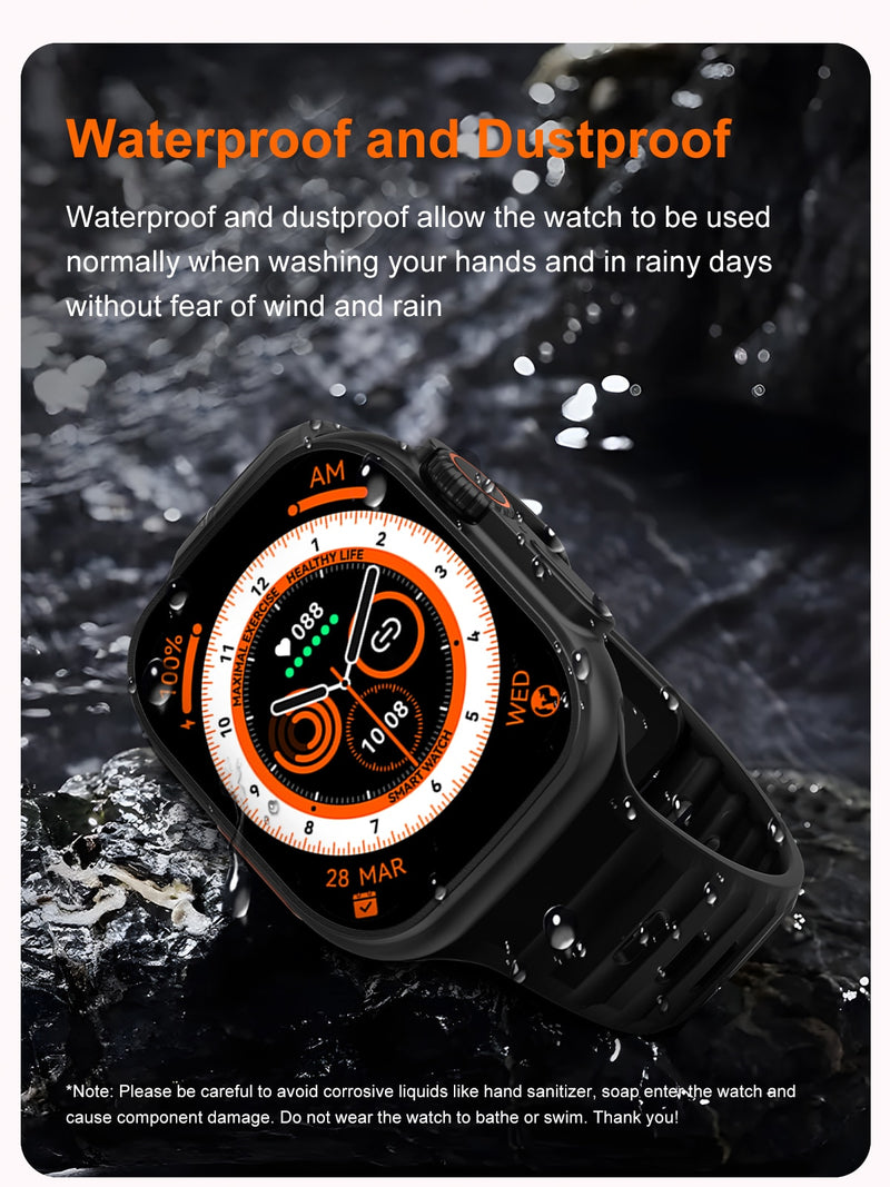 Mais novo relógio inteligente Ultra Series 8 NFC Smartwatch masculino, feminino, chamadas Bluetooth, carregamento sem fio, pulseira fitness, tela HD de 2 polegadas