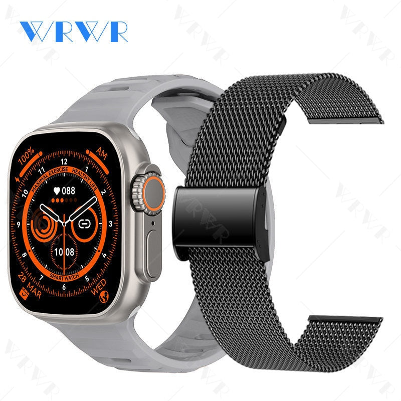 Mais novo relógio inteligente Ultra Series 8 NFC Smartwatch masculino, feminino, chamadas Bluetooth, carregamento sem fio, pulseira fitness, tela HD de 2 polegadas